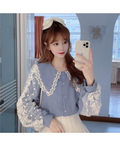 Blouses Shirts Women Peter Pan Collar Lace Patchwork Sweet Elegant Lantern Sleeve Korean Style Autumn Students Vintage Fashio...