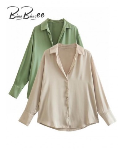 Spring Thin Casual Women Blouse Long Sleeve Vintage Loose Satin Shirt V Neck Oversize Female Top Green Y2K $29.87 - Women Tops