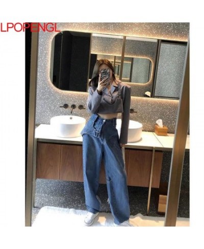 Blue Irregular High-waist Straight-leg Cotton Jeans Loose Retro High-quality Mopping Women Trousers Harajuku Two-piece Suit $...