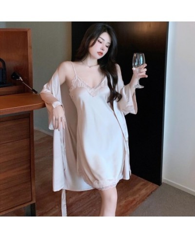 2022 Summer 2PCS Sexy Lace Lingerie Mini Dress Silk Satin Nightgowns Robes Sets Women Bathrobes Sleepwear Nightdress Night $4...