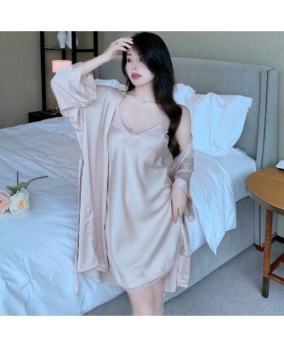 2022 Summer 2PCS Sexy Lace Lingerie Mini Dress Silk Satin Nightgowns Robes Sets Women Bathrobes Sleepwear Nightdress Night $4...