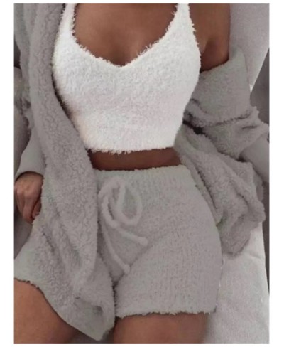 Autumn Winter 3 Piece Fluffy Outfits Plush Sexy Backless Fleece Pyjamas Women Casual Sports Sweatshirt Home Wear Sets Tracksu...