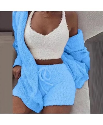 Autumn Winter 3 Piece Fluffy Outfits Plush Sexy Backless Fleece Pyjamas Women Casual Sports Sweatshirt Home Wear Sets Tracksu...