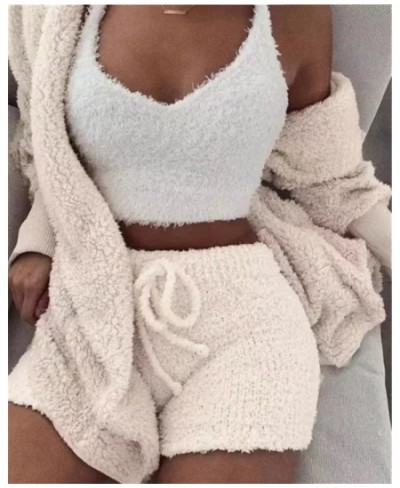 Autumn Winter 3 Piece Fluffy Outfits Plush Sexy Backless Fleece Pyjamas Women Casual Sports Sweatshirt Home Wear Sets Tracksu...