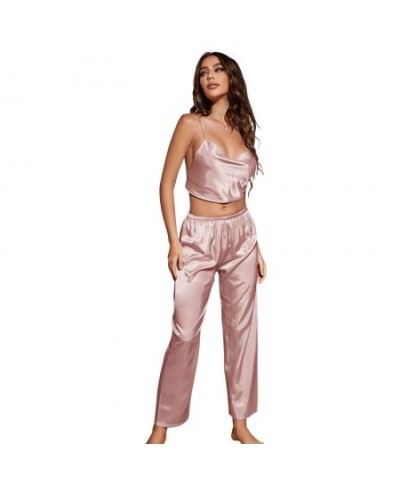 Women's Two Piece Spaghetti Strap And Long Pants CoverUp Set Design Thin Ice Silk Pajamas $35.40 - Sleepwears