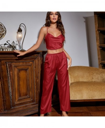 Women's Two Piece Spaghetti Strap And Long Pants CoverUp Set Design Thin Ice Silk Pajamas $35.40 - Sleepwears