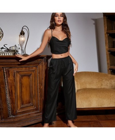 Women's Two Piece Spaghetti Strap And Long Pants CoverUp Set Design Thin Ice Silk Pajamas $35.40 - Sleepwears