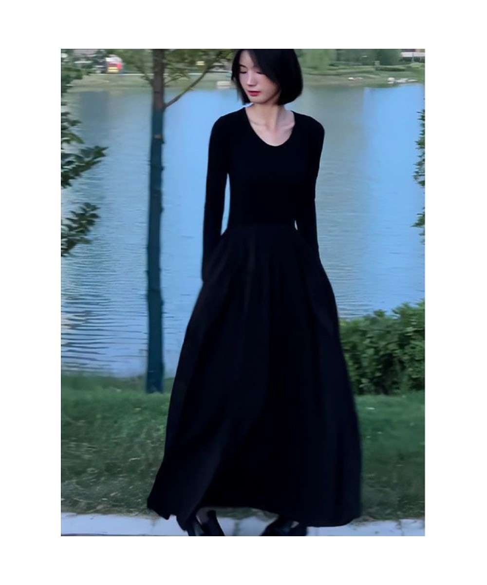 Black Maxi Long Sleeve Dresses for Women Minimalist Empire Elegant Solid Korean Fashion Style Vestidos De Mujer Retro Casual ...