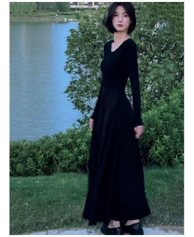 Black Maxi Long Sleeve Dresses for Women Minimalist Empire Elegant Solid Korean Fashion Style Vestidos De Mujer Retro Casual ...