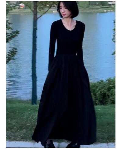 Black Maxi Long Sleeve Dresses for Women Minimalist Empire Elegant Solid Korean Fashion Style Vestidos De Mujer Retro Casual ...