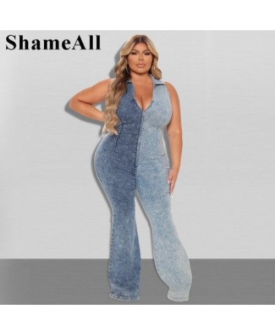 Plus Size V Neck Zipper Up Denim Jumpsuits 4XL Sleeveless Snow Wash Patchwork Jeans Romper Lady Sexy Elastic Skinny Club $78....