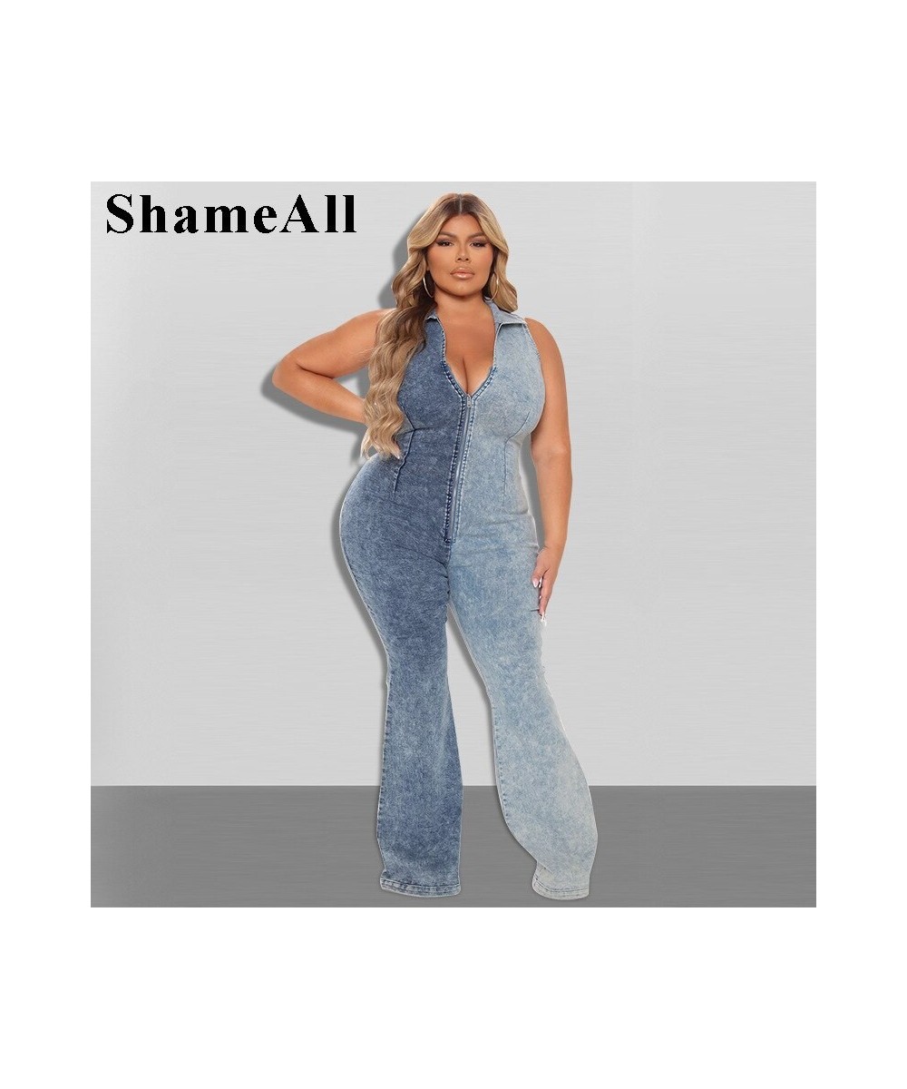 Plus Size V Neck Zipper Up Denim Jumpsuits 4XL Sleeveless Snow Wash Patchwork Jeans Romper Lady Sexy Elastic Skinny Club $78....