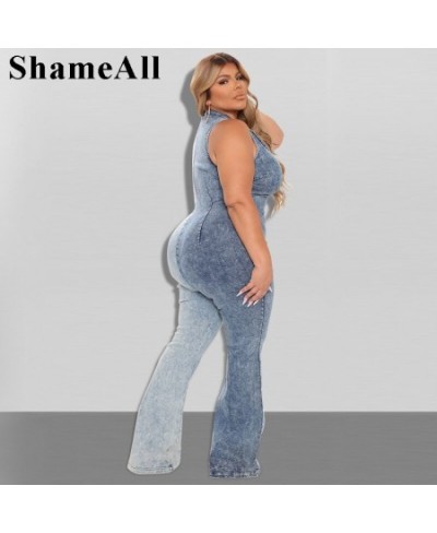 Plus Size V Neck Zipper Up Denim Jumpsuits 4XL Sleeveless Snow Wash Patchwork Jeans Romper Lady Sexy Elastic Skinny Club $78....