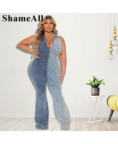 Plus Size V Neck Zipper Up Denim Jumpsuits 4XL Sleeveless Snow Wash Patchwork Jeans Romper Lady Sexy Elastic Skinny Club $78....