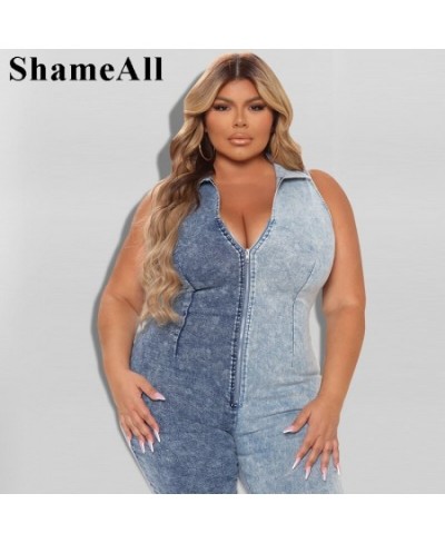 Plus Size V Neck Zipper Up Denim Jumpsuits 4XL Sleeveless Snow Wash Patchwork Jeans Romper Lady Sexy Elastic Skinny Club $78....