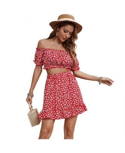 Summer Women's Dress Red Floral Print Sets Off Shoulder Short Sleeve Crop Tops A-line Skirt 2Pcs Sets Sweet Female Two Piece ...