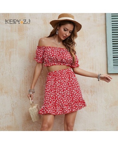 Summer Women's Dress Red Floral Print Sets Off Shoulder Short Sleeve Crop Tops A-line Skirt 2Pcs Sets Sweet Female Two Piece ...