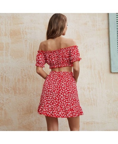 Summer Women's Dress Red Floral Print Sets Off Shoulder Short Sleeve Crop Tops A-line Skirt 2Pcs Sets Sweet Female Two Piece ...