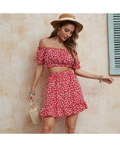 Summer Women's Dress Red Floral Print Sets Off Shoulder Short Sleeve Crop Tops A-line Skirt 2Pcs Sets Sweet Female Two Piece ...