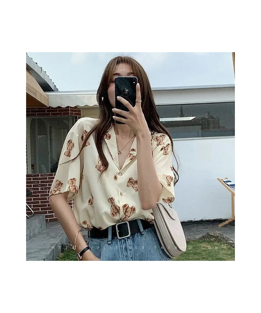 Vintage Tops Chiffon Bear Print Beautiful Women's Blouses Chic Short Sleeve T-Shirt Urban Loose Casual Summer Women's Clothin...