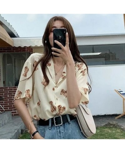 Vintage Tops Chiffon Bear Print Beautiful Women's Blouses Chic Short Sleeve T-Shirt Urban Loose Casual Summer Women's Clothin...