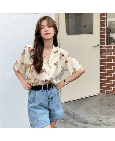 Vintage Tops Chiffon Bear Print Beautiful Women's Blouses Chic Short Sleeve T-Shirt Urban Loose Casual Summer Women's Clothin...