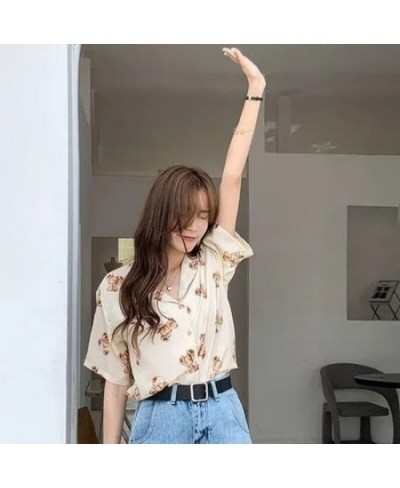 Vintage Tops Chiffon Bear Print Beautiful Women's Blouses Chic Short Sleeve T-Shirt Urban Loose Casual Summer Women's Clothin...