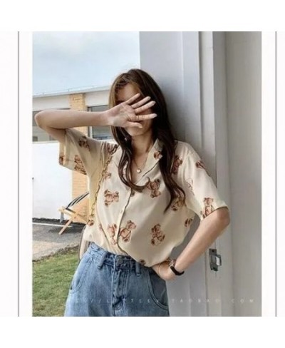 Vintage Tops Chiffon Bear Print Beautiful Women's Blouses Chic Short Sleeve T-Shirt Urban Loose Casual Summer Women's Clothin...