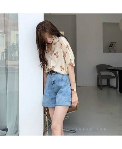 Vintage Tops Chiffon Bear Print Beautiful Women's Blouses Chic Short Sleeve T-Shirt Urban Loose Casual Summer Women's Clothin...