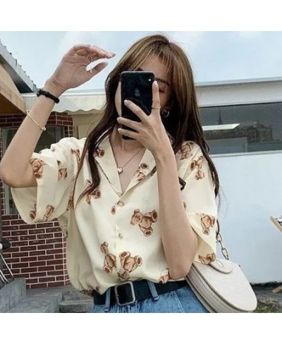 Vintage Tops Chiffon Bear Print Beautiful Women's Blouses Chic Short Sleeve T-Shirt Urban Loose Casual Summer Women's Clothin...