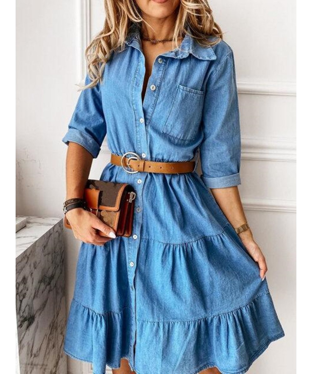 Long Sleeve Denim Dresses For Women Casual Solid Sexy Lace Up Dresses Stitching Lotus Leaf Mid Waist Tshirt Dresses $44.77 - ...