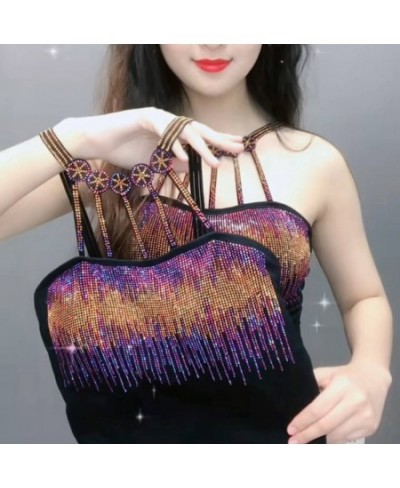 Summer Halter Strapless Women Bling Sequin Rhinestone Crystal Tassels Basic Shirt Lady Elastic Slim Pullover Blouse Tops $31....