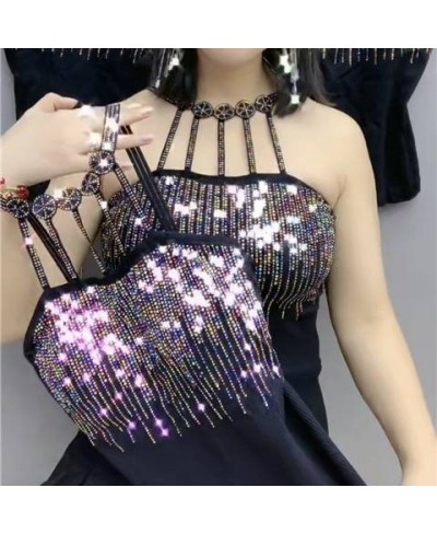 Summer Halter Strapless Women Bling Sequin Rhinestone Crystal Tassels Basic Shirt Lady Elastic Slim Pullover Blouse Tops $31....