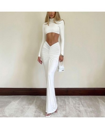 Y-L Women 2023 Autumn Maxi Skirt Two Piece Set Elegant White Long Sleeve Crop Tops and Ruched Long Pencil Skirts Party Clubwe...