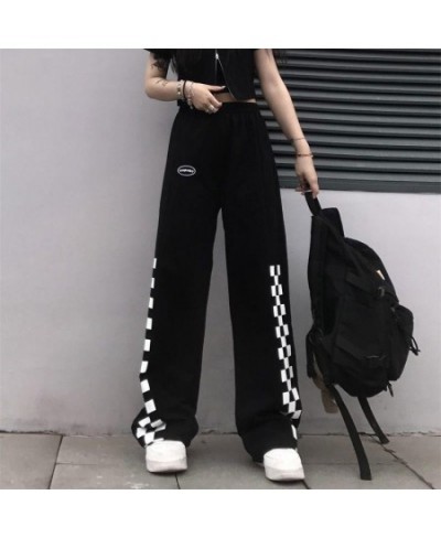 Women Loose Wide Leg Long Pants Ladies All-match Straight Casual Sport Pants Street Style Elastic Waist Chic Black Plaid Pant...