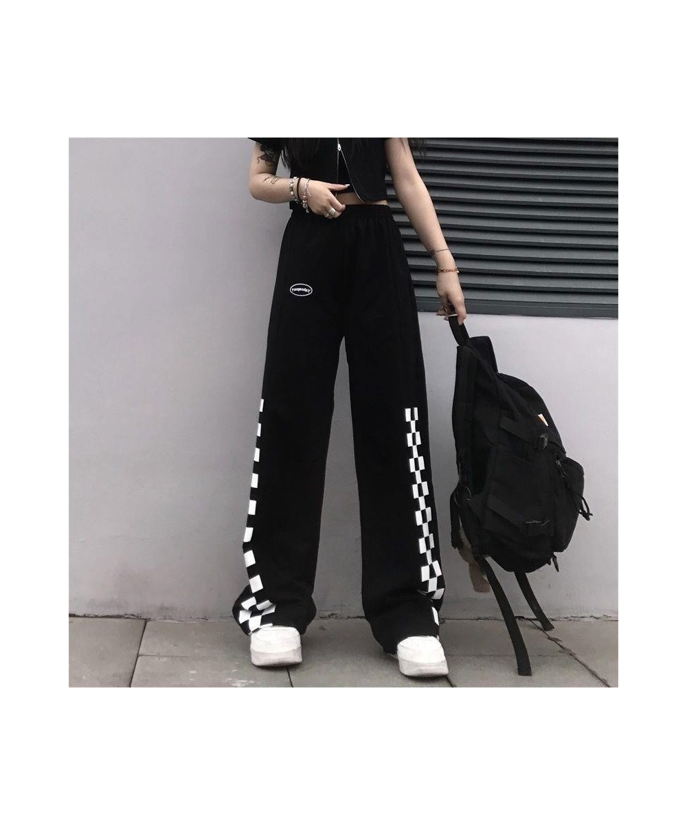 Women Loose Wide Leg Long Pants Ladies All-match Straight Casual Sport Pants Street Style Elastic Waist Chic Black Plaid Pant...