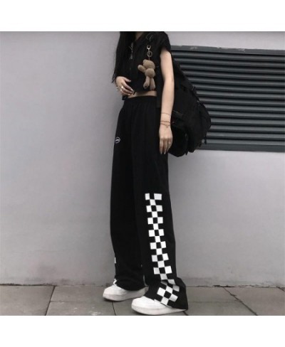 Women Loose Wide Leg Long Pants Ladies All-match Straight Casual Sport Pants Street Style Elastic Waist Chic Black Plaid Pant...