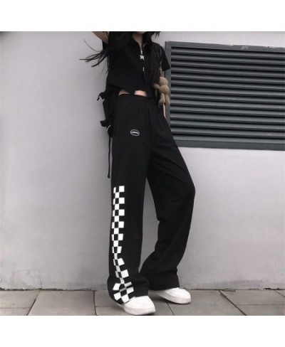 Women Loose Wide Leg Long Pants Ladies All-match Straight Casual Sport Pants Street Style Elastic Waist Chic Black Plaid Pant...