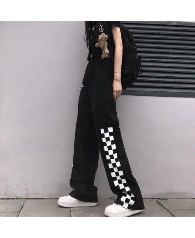 Women Loose Wide Leg Long Pants Ladies All-match Straight Casual Sport Pants Street Style Elastic Waist Chic Black Plaid Pant...