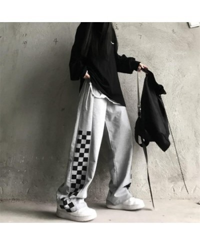 Women Loose Wide Leg Long Pants Ladies All-match Straight Casual Sport Pants Street Style Elastic Waist Chic Black Plaid Pant...