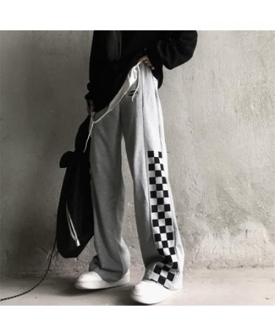 Women Loose Wide Leg Long Pants Ladies All-match Straight Casual Sport Pants Street Style Elastic Waist Chic Black Plaid Pant...