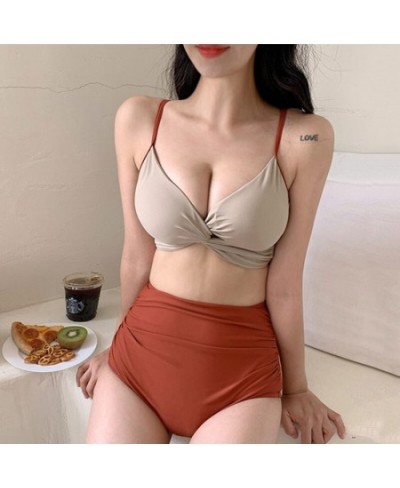 Women Mid Waist Tummy Control Bikini Set Solid Twisted Front Biquini Padded Two Pieces Swimsuit Sexy Bathing Suit Korea Style...