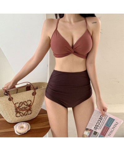 Women Mid Waist Tummy Control Bikini Set Solid Twisted Front Biquini Padded Two Pieces Swimsuit Sexy Bathing Suit Korea Style...