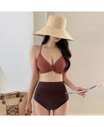 Women Mid Waist Tummy Control Bikini Set Solid Twisted Front Biquini Padded Two Pieces Swimsuit Sexy Bathing Suit Korea Style...