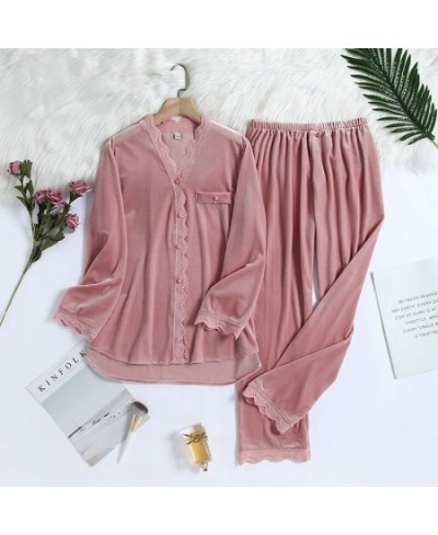 2Pcs Gold Velvet Pajamas Set For Women Warm Pyjama Sexy V-Neck Lace Homewear Autumn Winter New Pijamas Long Pant $41.71 - Sle...