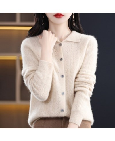 Spring/Autumn Merino Wool Sweater Women's Polo Collar Hollowed Out Knit Cardigan Chic Knitt Cashmere Sweater Loose Look Slim ...