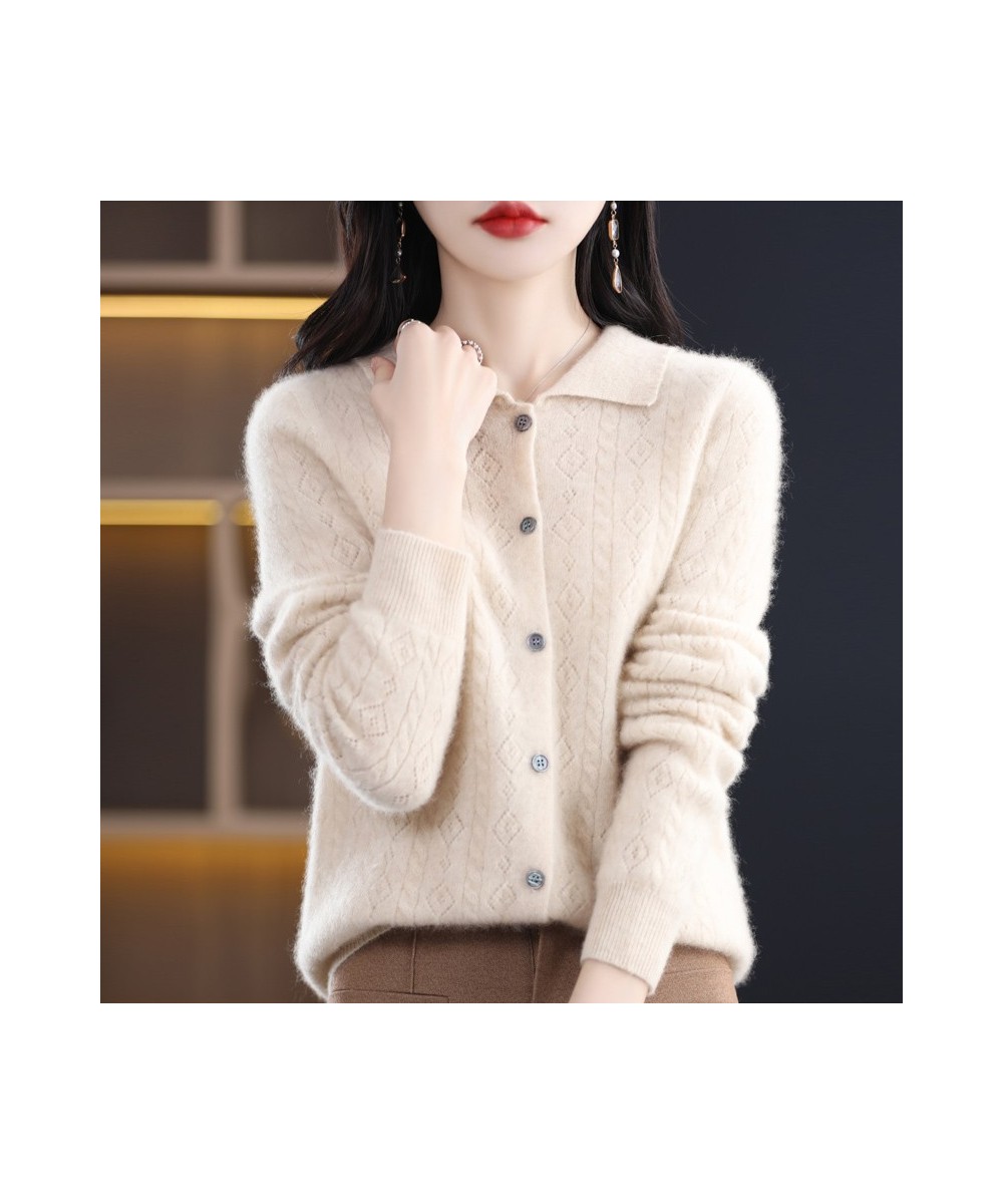 Spring/Autumn Merino Wool Sweater Women's Polo Collar Hollowed Out Knit Cardigan Chic Knitt Cashmere Sweater Loose Look Slim ...