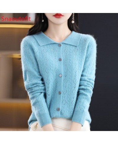 Spring/Autumn Merino Wool Sweater Women's Polo Collar Hollowed Out Knit Cardigan Chic Knitt Cashmere Sweater Loose Look Slim ...