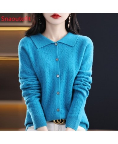 Spring/Autumn Merino Wool Sweater Women's Polo Collar Hollowed Out Knit Cardigan Chic Knitt Cashmere Sweater Loose Look Slim ...