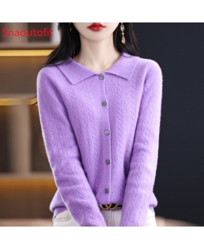 Spring/Autumn Merino Wool Sweater Women's Polo Collar Hollowed Out Knit Cardigan Chic Knitt Cashmere Sweater Loose Look Slim ...